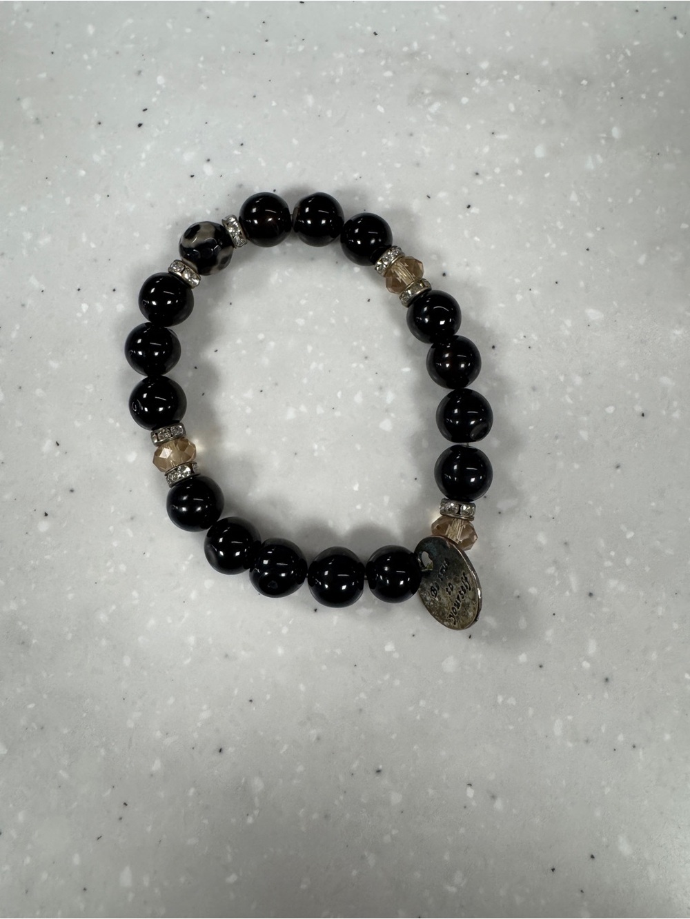 Black Beaded Stretch Bracelet with Charm